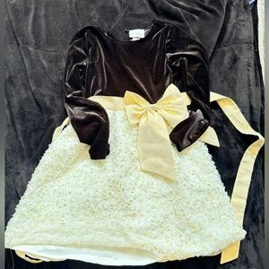 Velvet Bodice Ivory Rosette Skirt Dress with Gold Bow